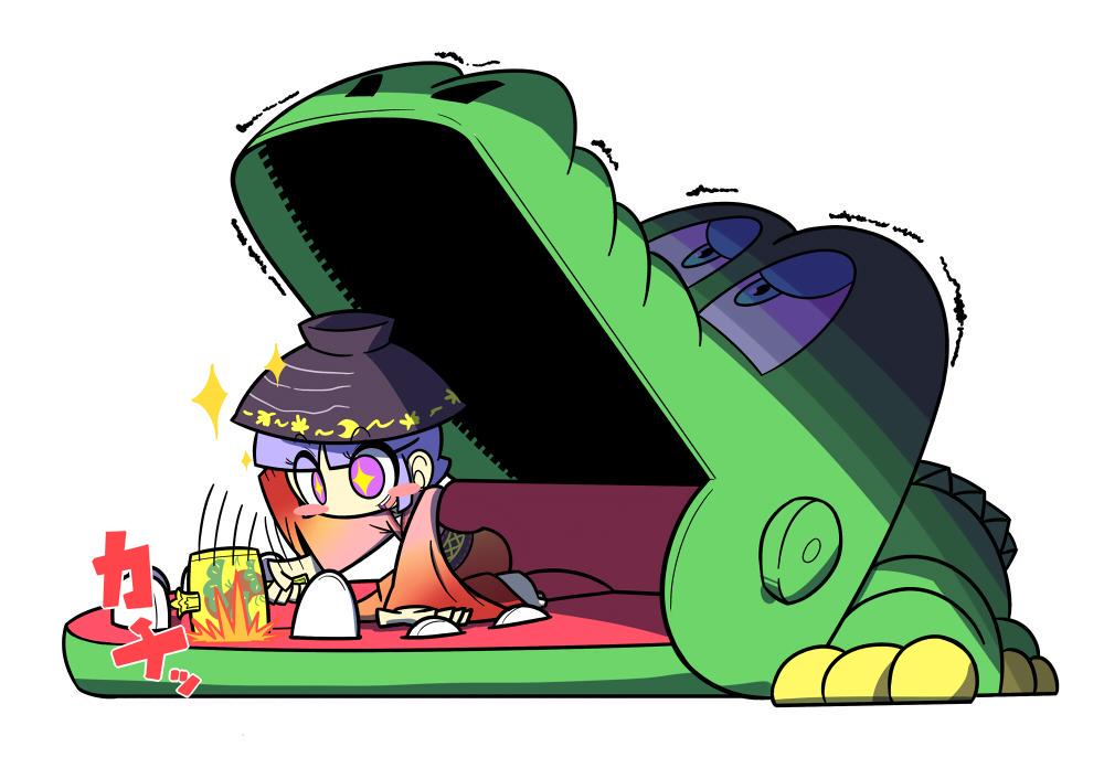 1girl, bowl, crocodile_dentist, crocodilian, hat, japanese_clothes, kimono, kuchibashi_(9180)