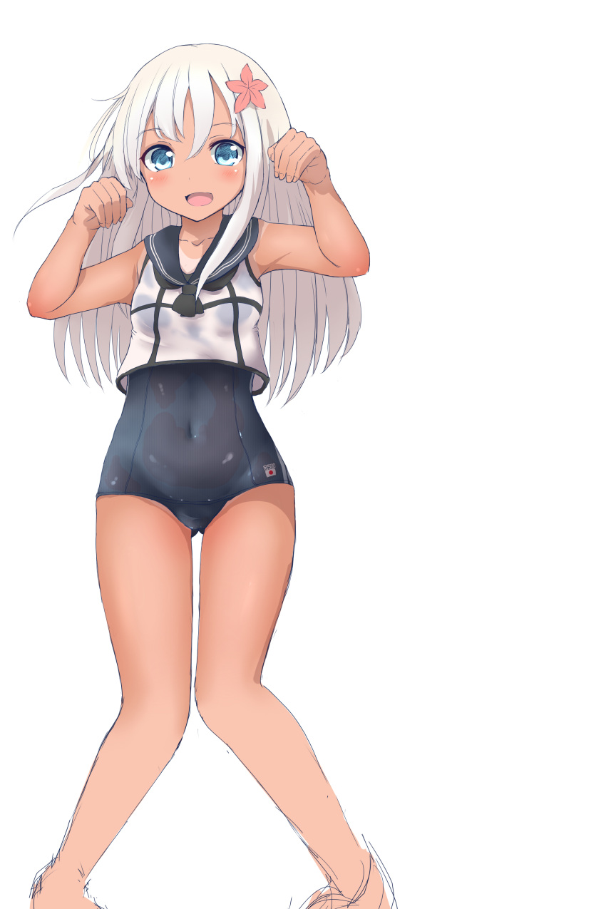 1girl, :d, absurdres, blue_eyes, blush, covered_navel, flower, hair_flower