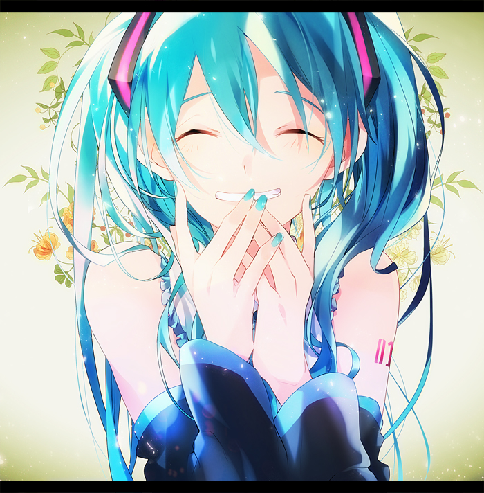 1girl, aqua_eyes, aqua_nails, bare_shoulders, closed_eyes, covering_mouth, detached_sleeves, floral_background