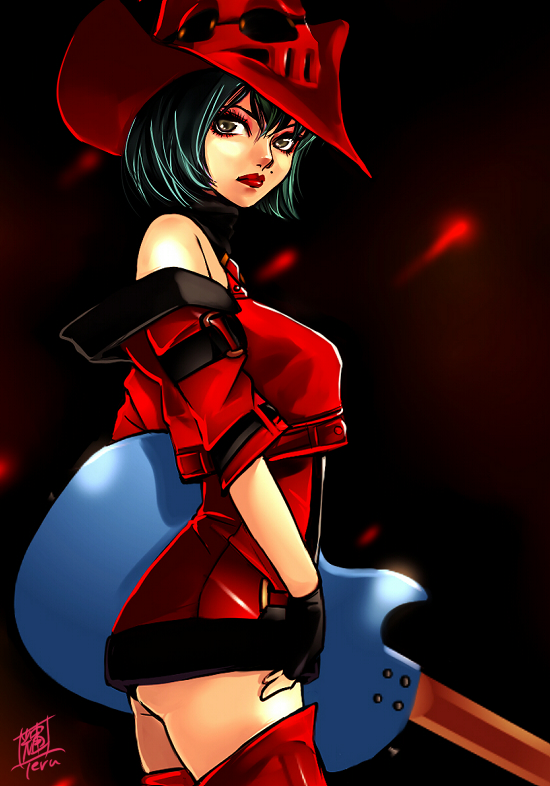 bare_shoulders, boots, green_hair, guilty_gear, guitar, hat, i-no, instrument, les_paul, mole, short_hair, teruchan, thigh-highs, thigh_boots, thighhighs, witch_hat