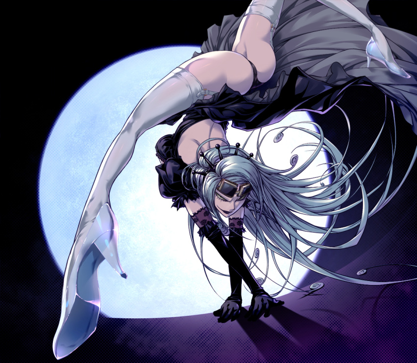 1girl, ass, cinderella_(gekkou_jourei), crown, elbow_gloves, gekkou_jourei, gloves, high_heels, long_hair, masamaru7, panties, silver_hair, thigh-highs, thighs, underwear