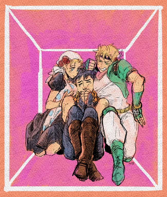 1girl, 2boys, box, breast_smother, caesar_anthonio_zeppeli, cheek_squash, family, jojo_no_kimyou_na_bouken