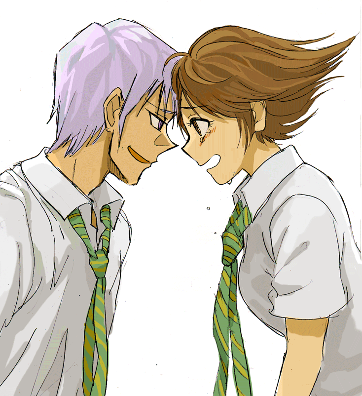 1boy, 1girl, brown_eyes, brown_hair, engekibu, forehead-to-forehead, gekkou_jourei, iwasaki_gekkou, mijingiriri, necktie, purple_hair, school_uniform, short_hair, tears, violet_eyes