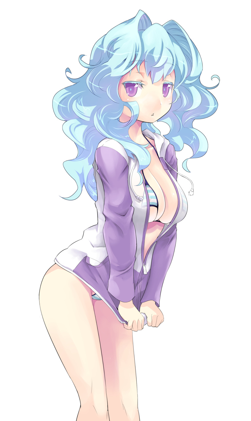 1girl, absurdres, bikini, blue_hair, breasts, cleavage, curly_hair, dungeons_&amp;_princess, hair_intakes, highres, jacket_tug, large_breasts, long_hair, looking_at_viewer, open_clothes, solo, striped, striped_bikini, striped_swimsuit, swimsuit, takashi_moritaka, track_jacket, unzipped, violet_eyes, white_background