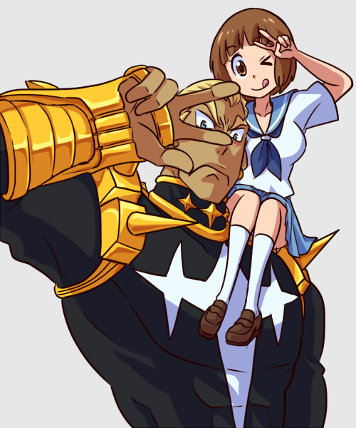 1boy, 1girl, blonde_hair, brown_hair, fukuso_hilbert_kuukan, gamagoori_ira, kill_la_kill, mankanshoku_mako