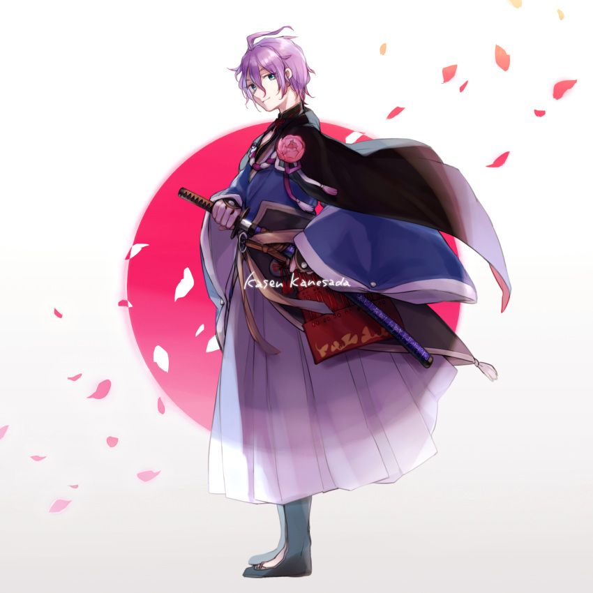 1boy, blue_eyes, flower, hakama, highres, japanese_clothes, kasen_kanesada, myuu_(hellomagic)