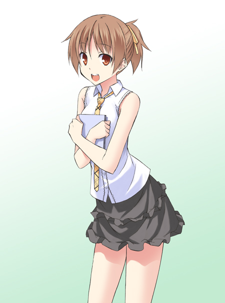 bare_shoulders, book, book_hug, brown_eyes, brown_hair, casual, dress, gradient