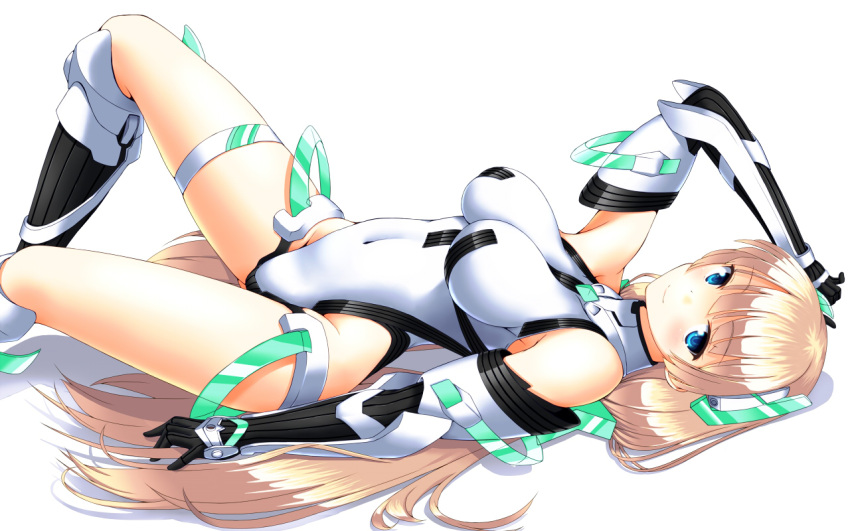 1girl, angela_balzac, blonde_hair, blue_eyes, blush, bodysuit, breasts, covered_navel, elbow_gloves, gloves, headgear, large_breasts, leotard, long_hair, lying, on_back, rakuen_tsuihou, smile, solo, thigh_strap, twinpon, twintails, very_long_hair