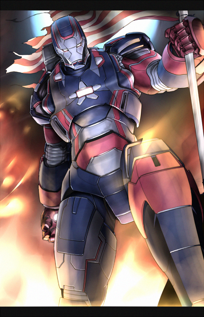 1boy, flag, gomi_kushige, iron_man_(comics), iron_patriot, james_rhodes, marvel, power_armor, solo, war_machine