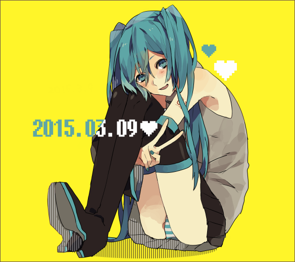 1girl, 39, :d, aqua_eyes, aqua_hair, aqua_nails, dated, detached_sleeves