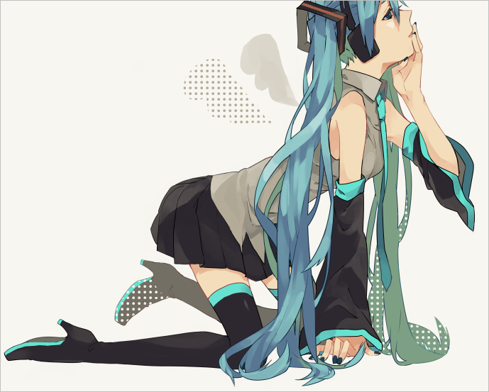 1girl, all_fours, blue_eyes, blue_hair, collared_shirt, detached_sleeves, hand_on_own_chin, hatsune_miku