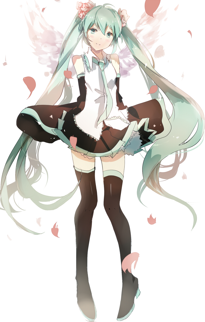 1girl, angel_wings, aqua_eyes, aqua_hair, bangs, cherry_blossoms, collared_shirt, detached_sleeves