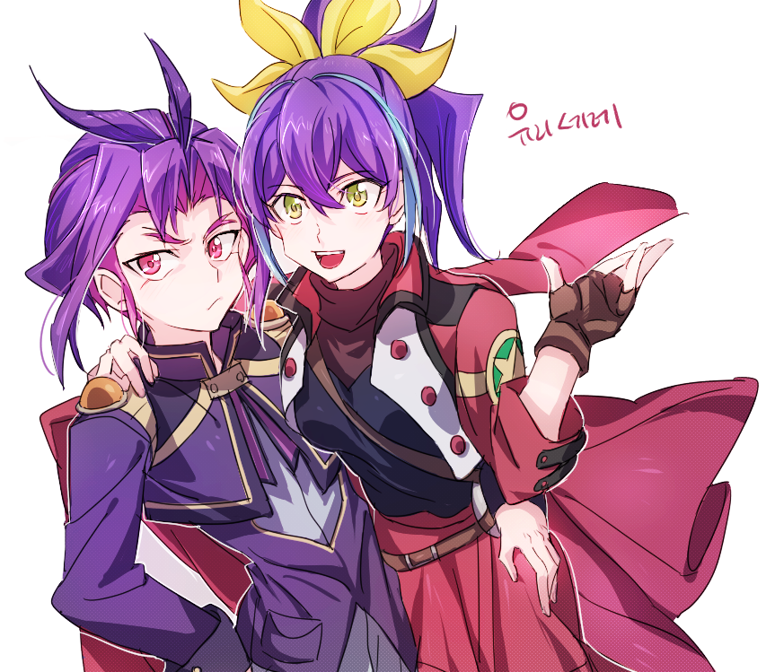 1boy, 1girl, arm_around_shoulder, blue_hair, bow, cape, fingerless_gloves, gloves