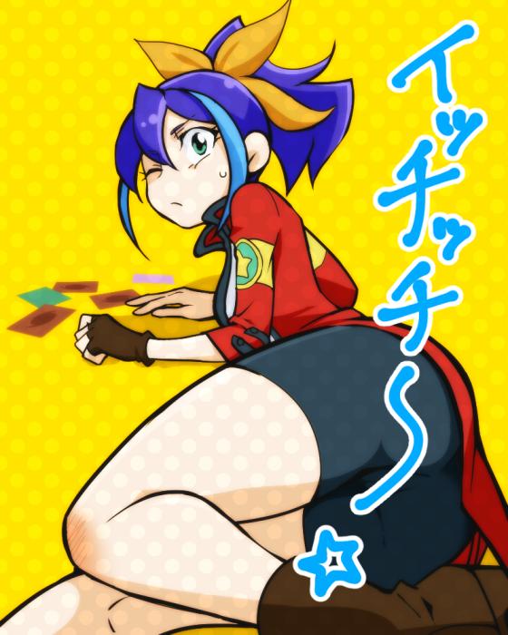 1girl, bike_shorts, blue_hair, bow, card, green_eyes, hair_bow, lying