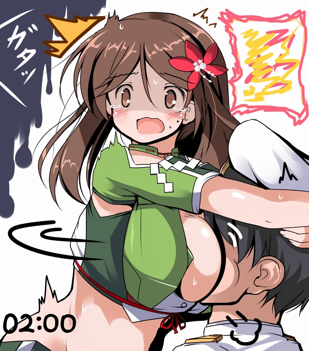 1boy, 1girl, amagi_(kantai_collection), black_hair, breast_smother, breasts, brown_eyes, brown_hair