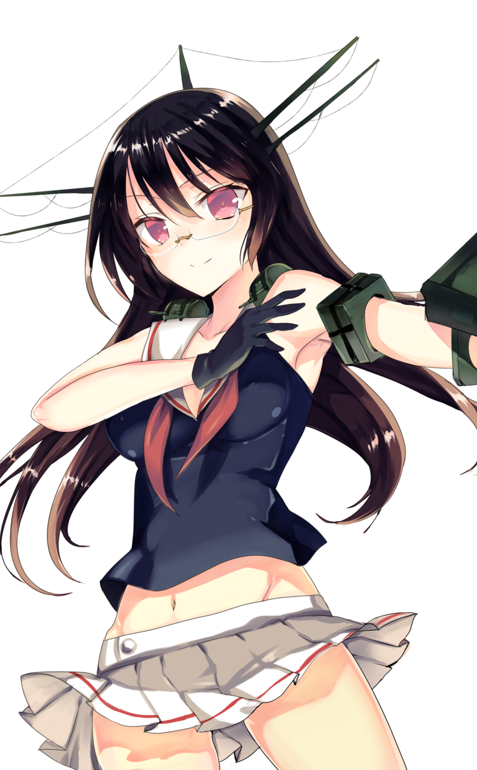1girl, black_hair, choukai_(kantai_collection), glasses, gloves, hair_ornament, highres, kanae_nagiki, kantai_collection, long_hair, midriff, school_uniform, serafuku, simple_background, solo