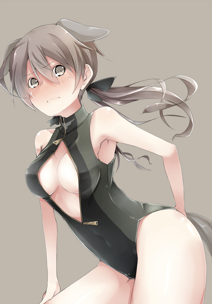 1girl, blush, breasts, brown_eyes, brown_hair, cleavage, front_zipper_swimsuit, gertrud_barkhorn