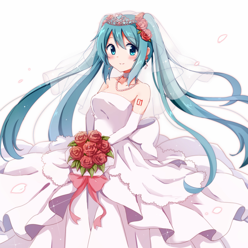1girl, aqua_eyes, aqua_hair, blush, bouquet, dress, earrings, elbow_gloves
