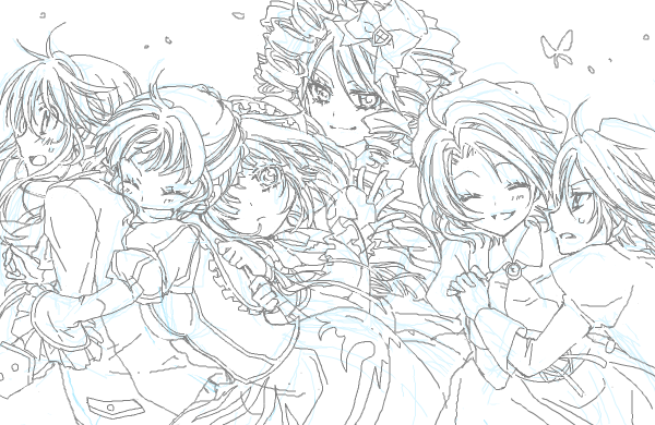 2boys, 4girls, ^_^, beatrice, butterfly, clair_vaux_bernardus, closed_eyes, drill_hair