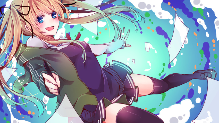 1girl, black_legwear, blonde_hair, blue_eyes, blush, fang, highres, long_hair