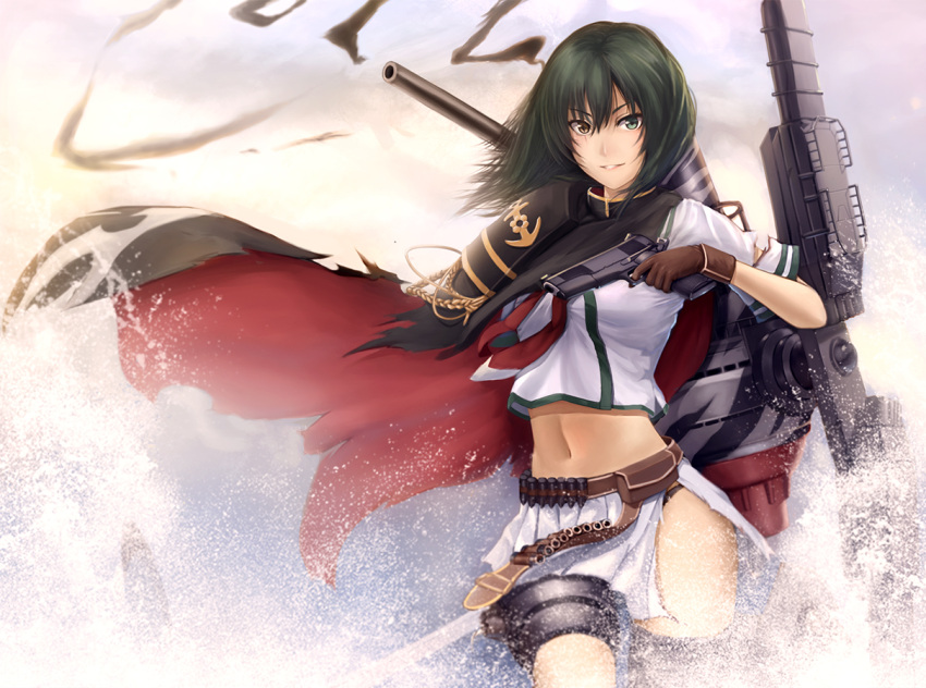 1girl, brown_eyes, cape, green_eyes, green_hair, heterochromia, kantai_collection, kiso_(kantai_collection)