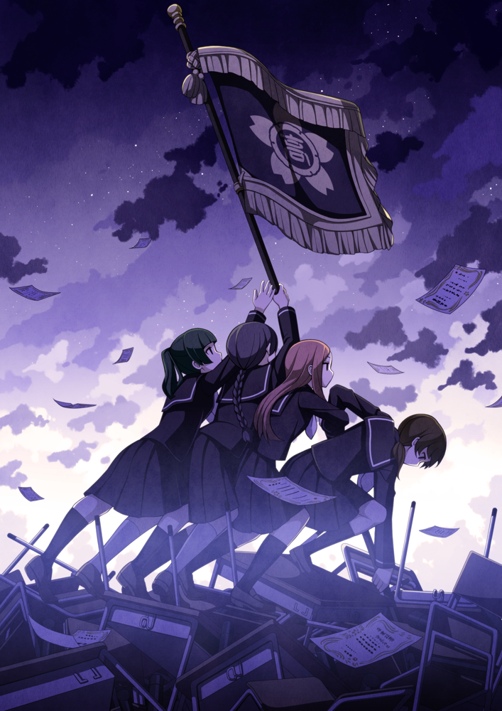 4girls, black_hair, brown_hair, clouds, desk, flag, iwo_jima, long_hair, multiple_girls, original, parody, ponytail, school_uniform, serafuku, short_hair, skirt, sky, torigoe_takumi