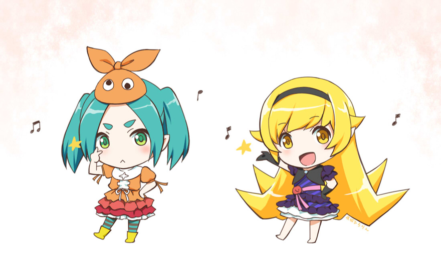 2girls, aqua_hair, barefoot, blonde_hair, chibi, dress, eyebrows, green_eyes