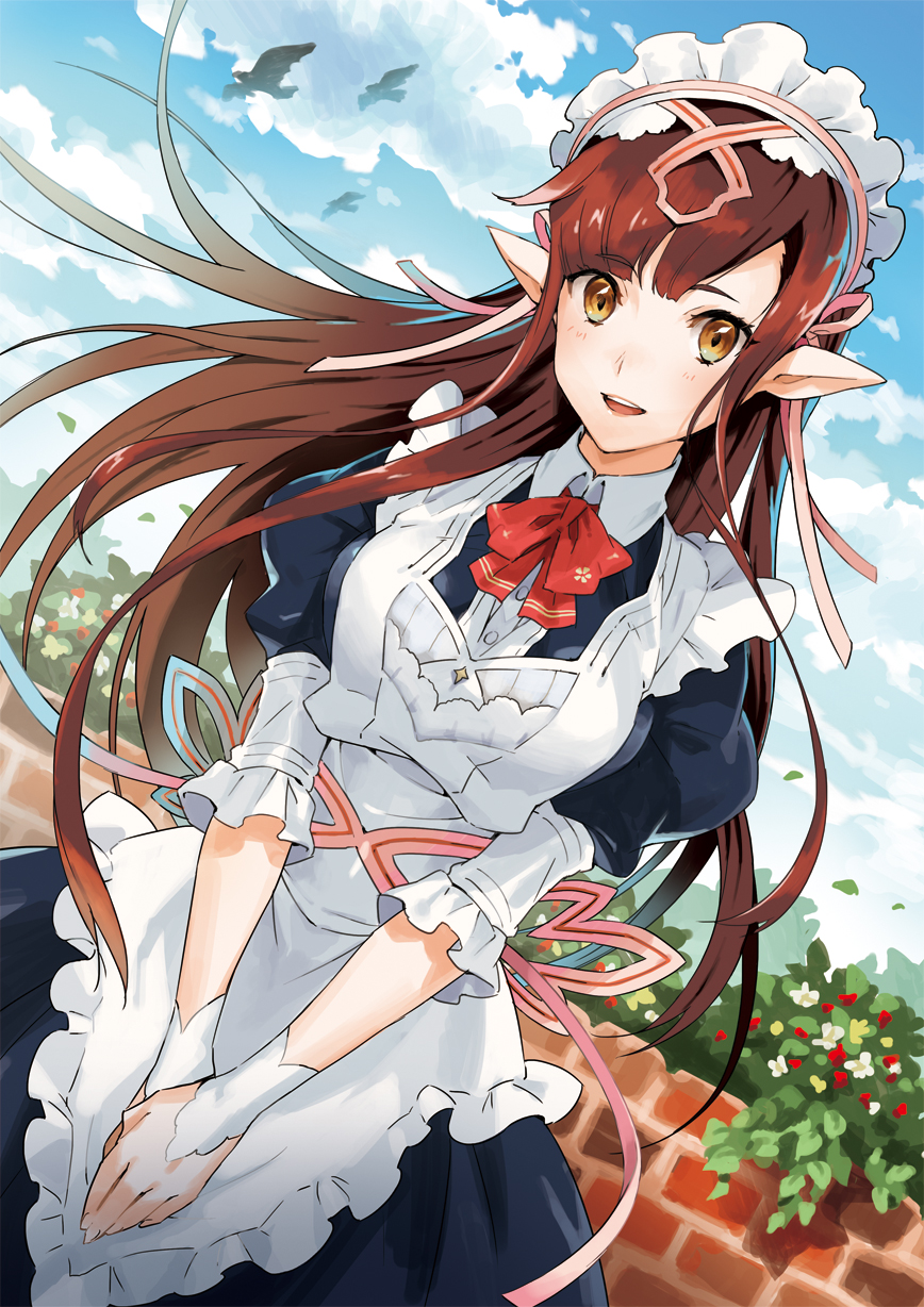 1girl, apron, bangs, blurry, blush, breasts, brown_eyes, brown_hair