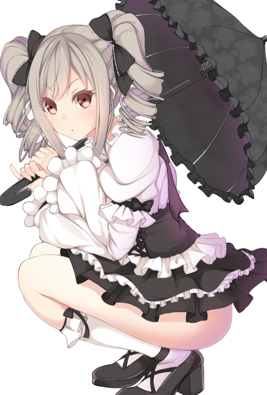 1girl, ass, bangs, blush, dress, drill_hair, fay, frilled_dress