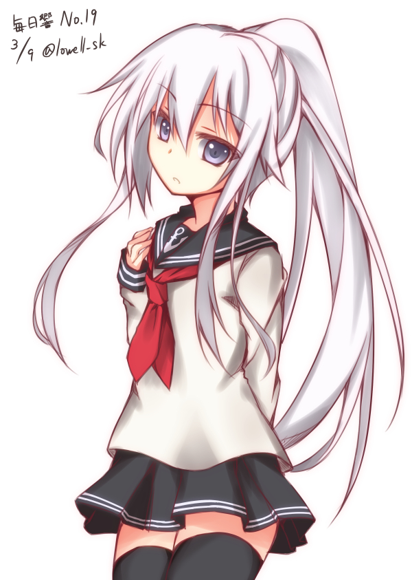 1girl, alternate_hairstyle, blue_eyes, hibiki_(kantai_collection), kantai_collection, long_hair, lowell_(ouranoss2kanata), ponytail