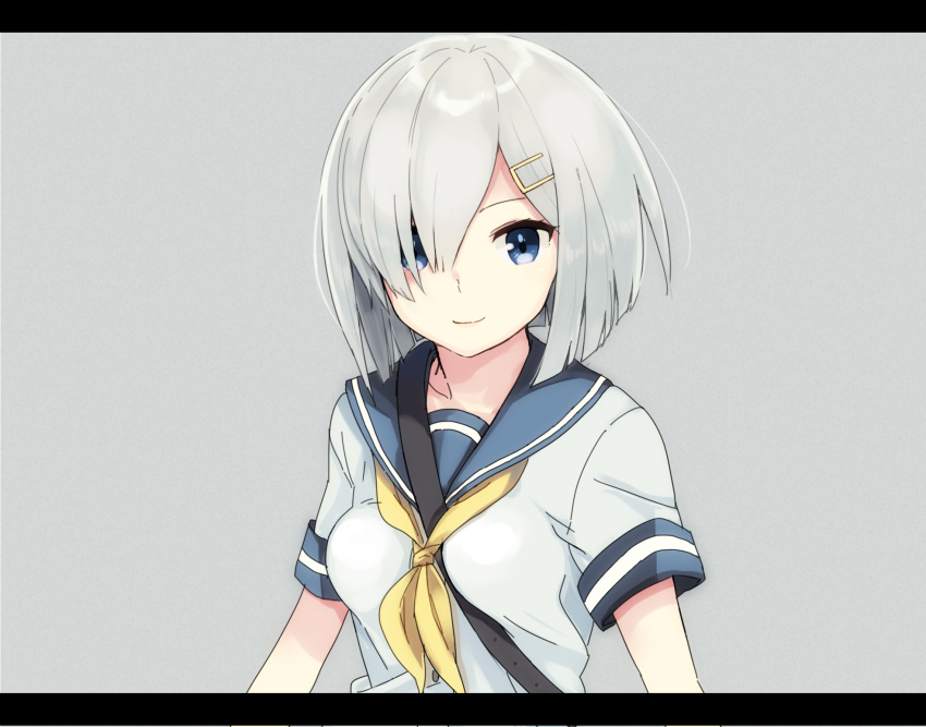 1girl, blue_eyes, grey_background, hair_ornament, hair_over_one_eye, hairclip, hamakaze_(kantai_collection), highres