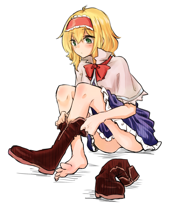 1girl, alice_margatroid, bare_legs, barefoot, blonde_hair, blush, boots, green_eyes, hairband, kaya_rio, solo, touhou, white_background