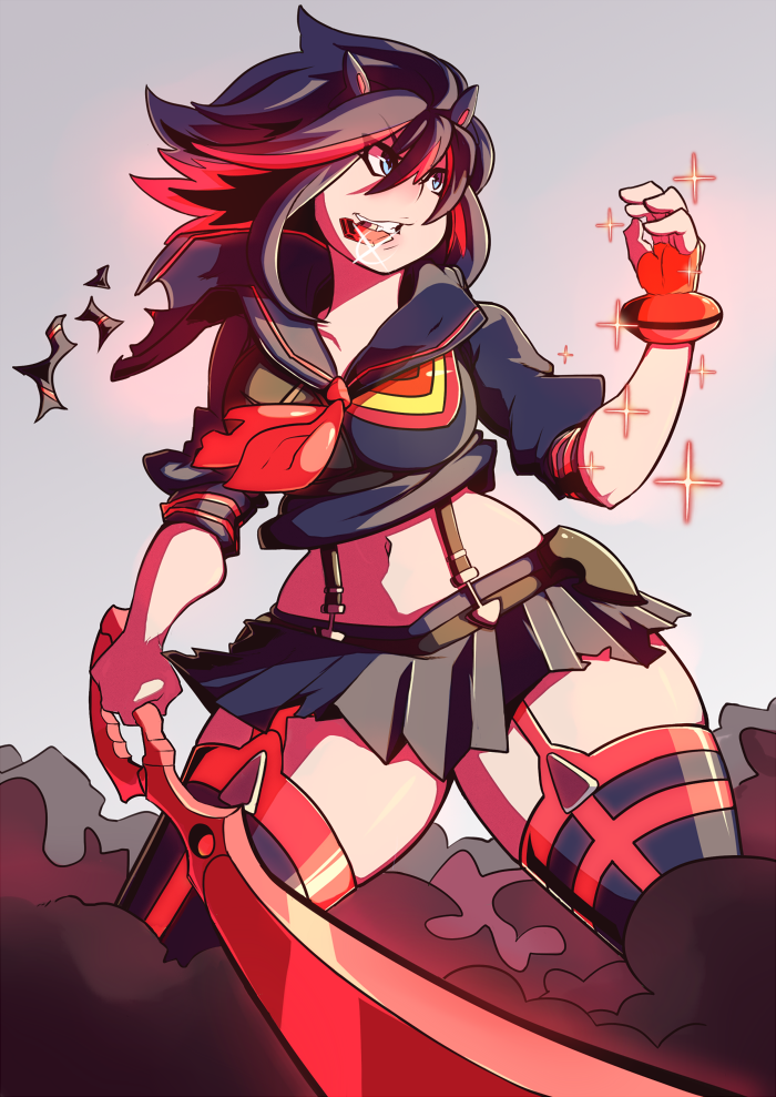 1girl, black_hair, blue_eyes, boots, breasts, garter_straps, kill_la_kill, matoi_ryuuko