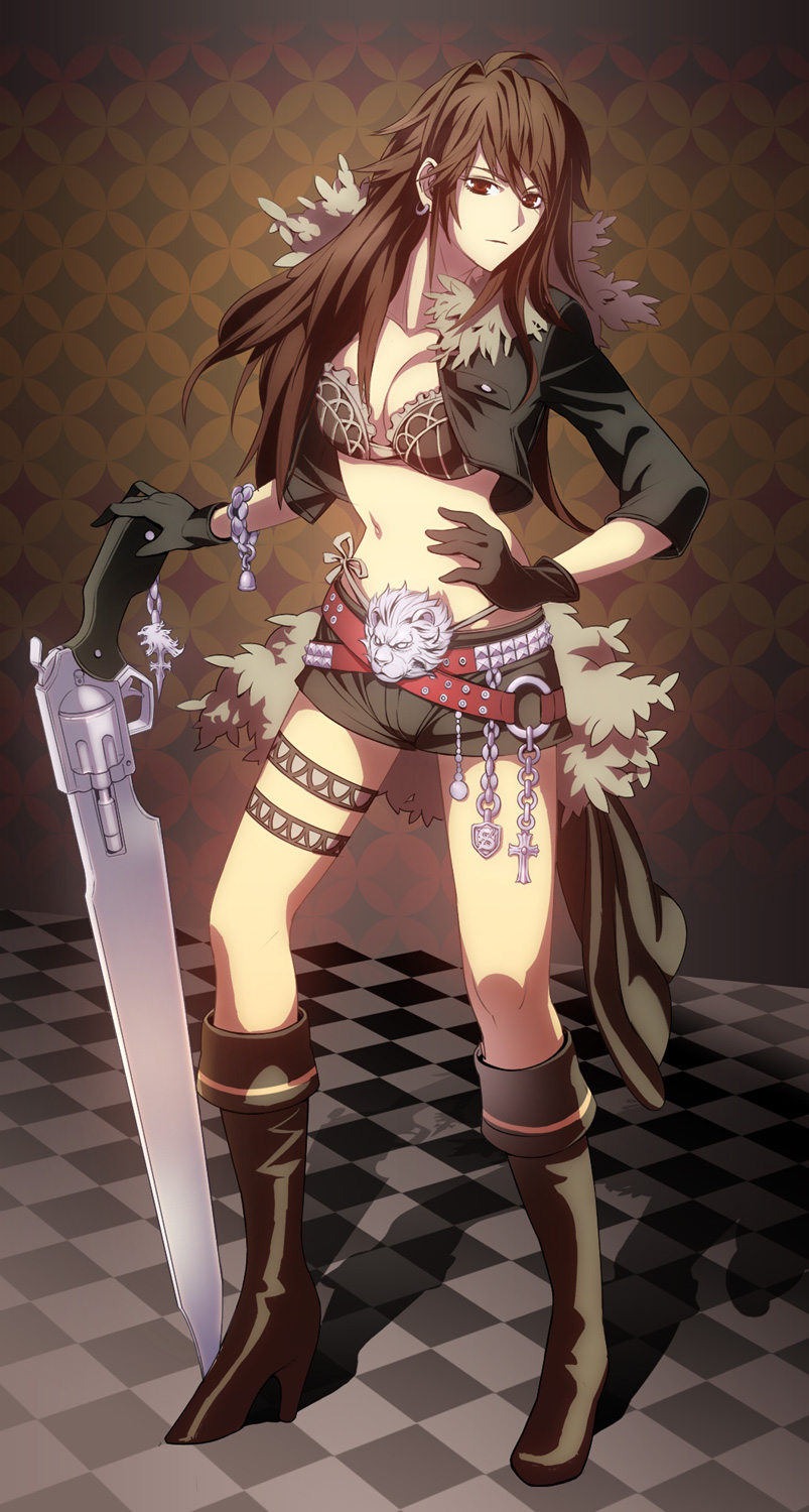 boots, bra, bracelet, breasts, brown_eyes, brown_hair, checkered, cleavage