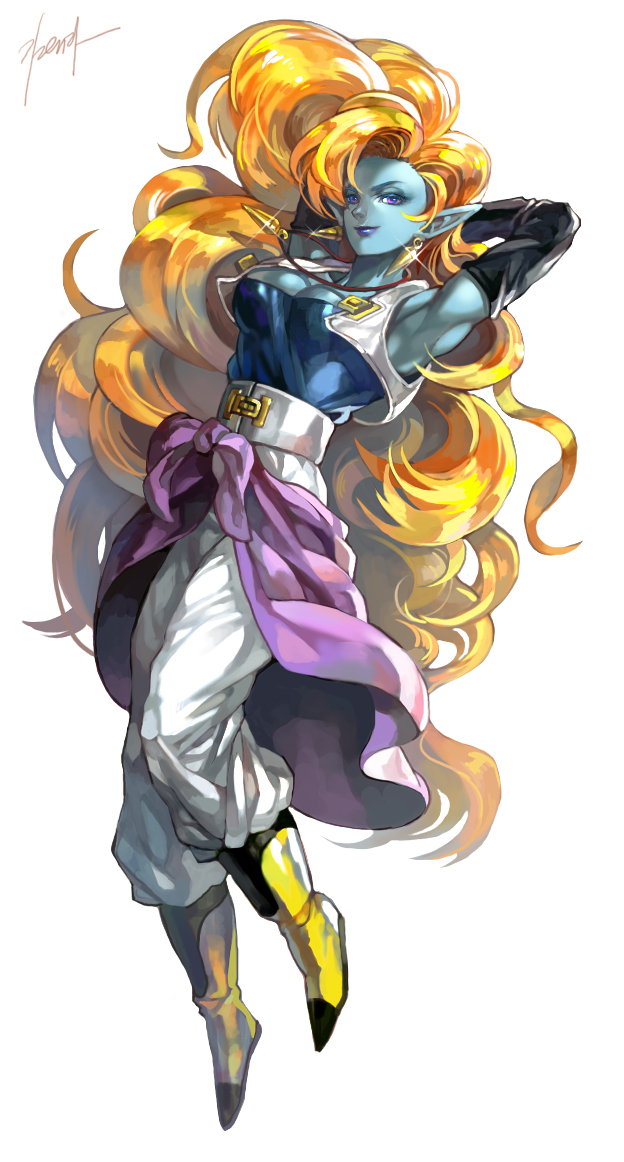 1girl, arms_behind_head, blue_skin, boots, breasts, cleavage, curly_hair, detached_sleeves