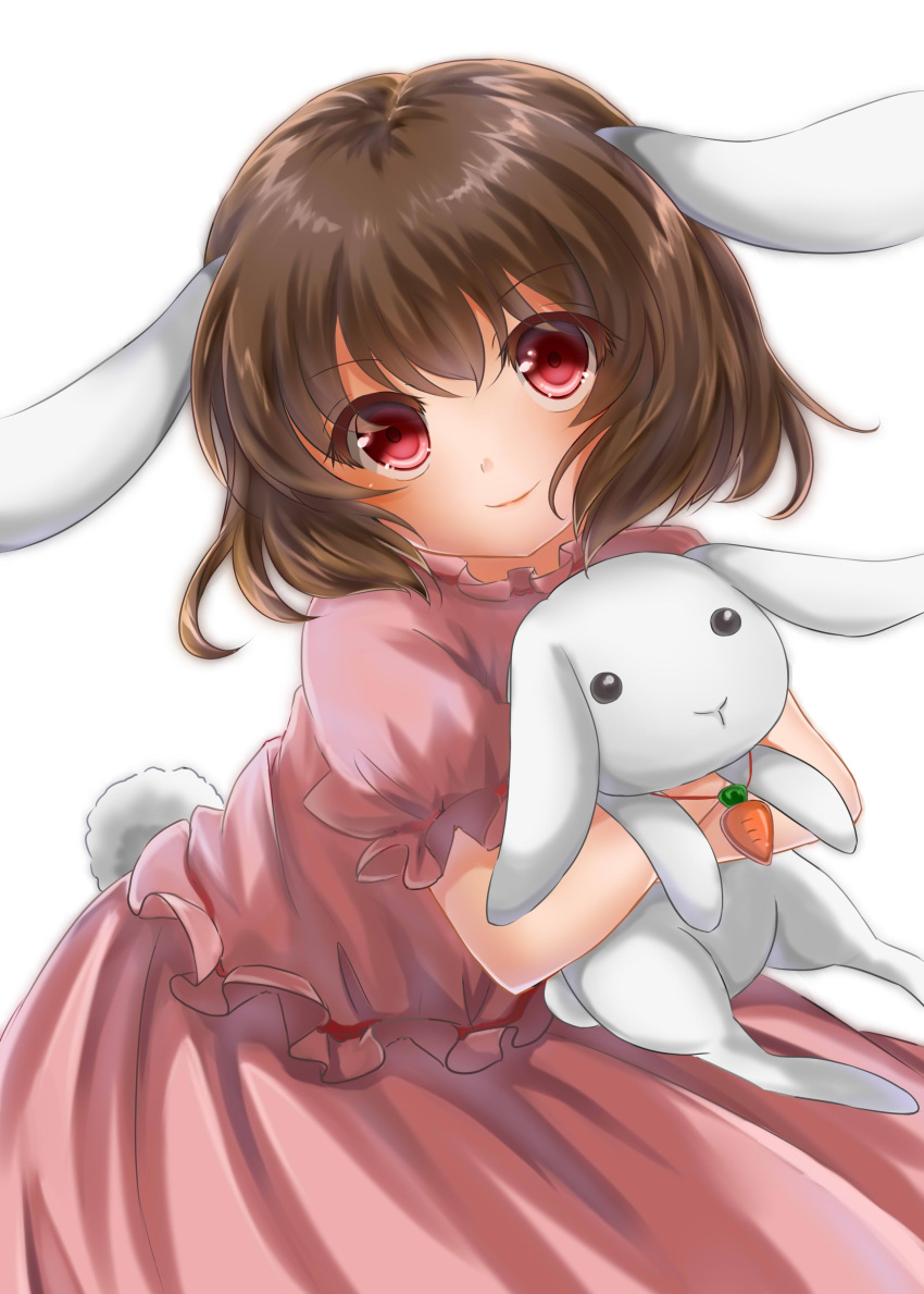 1girl, absurdres, animal_ears, bending_forward, brown_hair, bunny_tail, carrot_necklace, dress