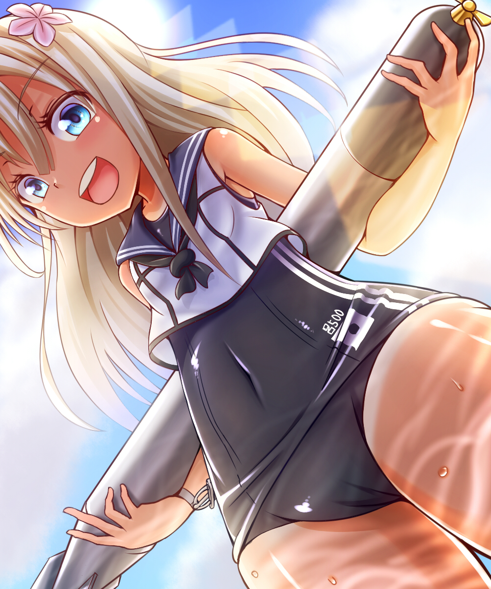 1girl, blonde_hair, blue_eyes, crop_top, dutch_angle, flower, hair_flower, hair_ornament, highres, kantai_collection, kurobuchi_kintobi, long_hair, ro-500_(kantai_collection), sailor_collar, school_swimsuit, swimsuit, swimsuit_under_clothes, tan, tanline, torpedo
