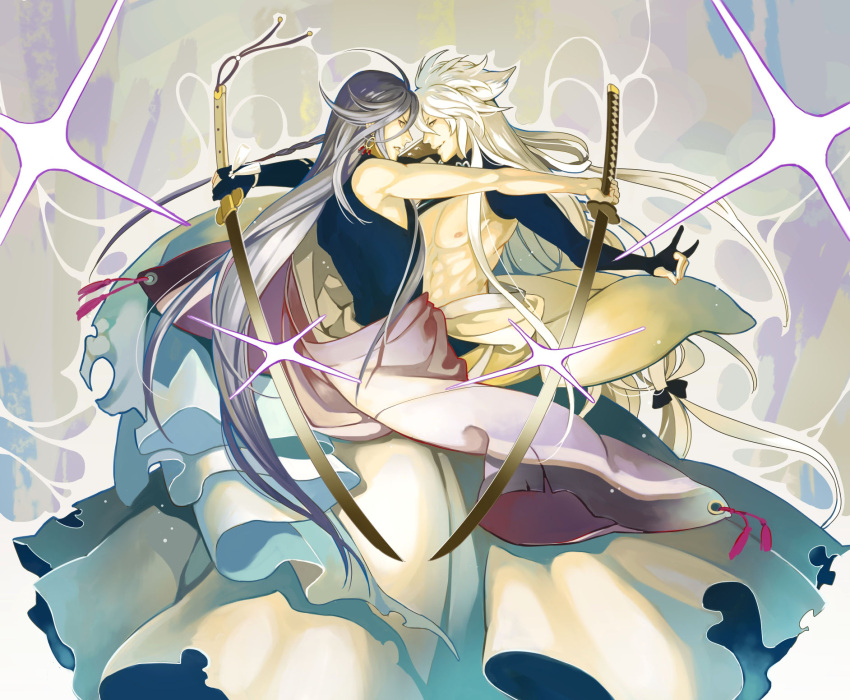 2boys, black_hair, highres, izumi-no-kami_kanesada, katana, kogitsunemaru, long_hair, miyuki_lala, multiple_boys, sword, symmetry, touken_ranbu, weapon, white_hair