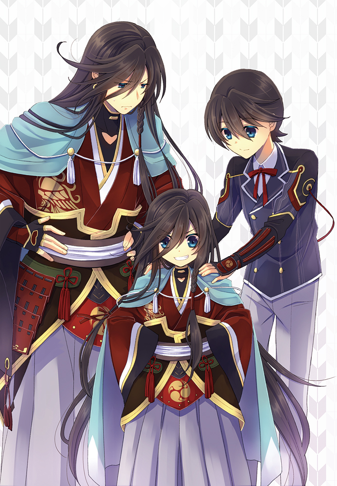 3boys, black_hair, blue_eyes, horikawa_kunihiro, if_they_mated, izumi-no-kami_kanesada, japanese_clothes, multiple_boys, rakuna_yuzutani, touken_ranbu