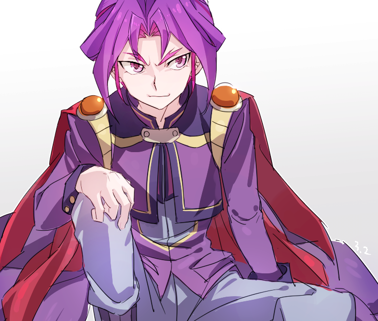 1boy, cape, jean1620y, male_focus, multicolored_hair, purple_hair, sitting, smile