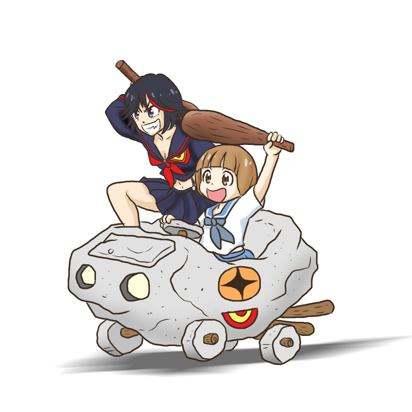 2girls, crossover, highres, kill_la_kill, mankanshoku_mako, matoi_ryuuko, multiple_girls, senketsu, wacky_races