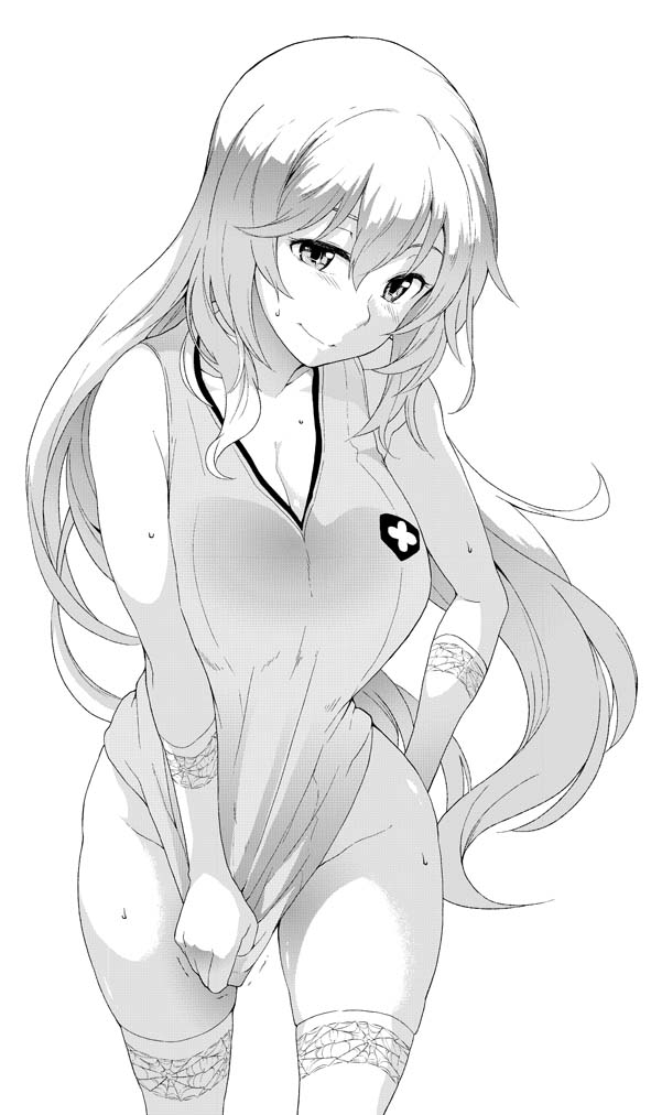 +_+, 1girl, blonde_hair, covering, covering_crotch, elbow_gloves, gloves, long_hair