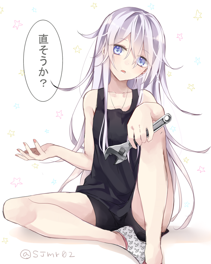 1girl, adjustable_wrench, alternate_costume, aqua_hair, bare_shoulders, bike_shorts, blue_eyes, casual