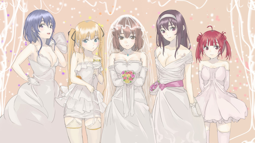 5girls, ahoge, antenna_hair, blonde_hair, blue_eyes, blue_hair, bouquet, breasts