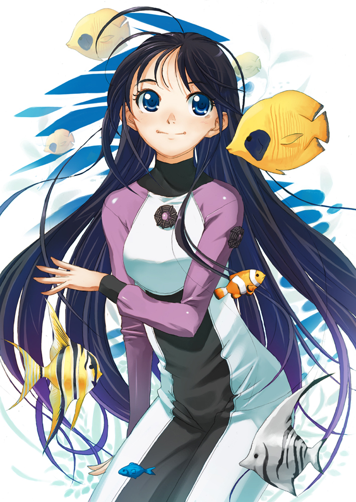amanchu, amanchu!, angelfish, black_hair, blue_eyes, blush, bodysuit, clownfish