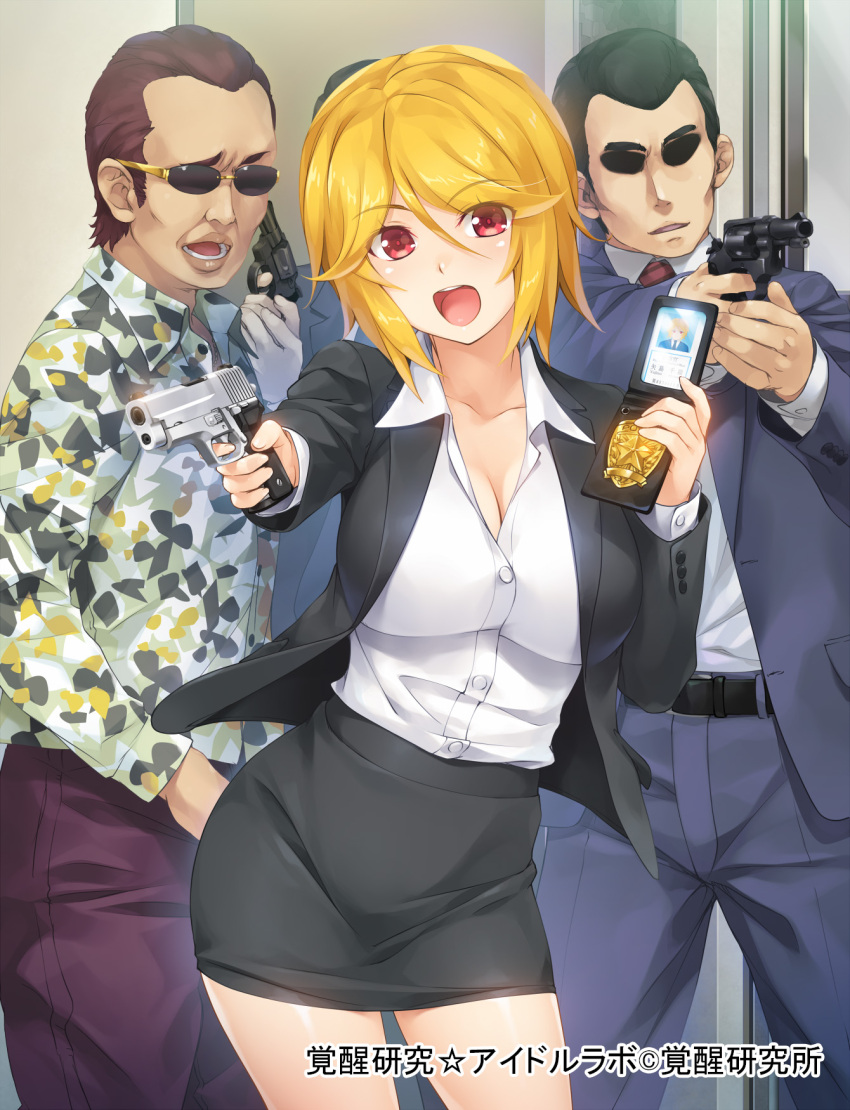 1girl, 3boys, black_hair, blonde_hair, breasts, brown_hair, cleavage, gun