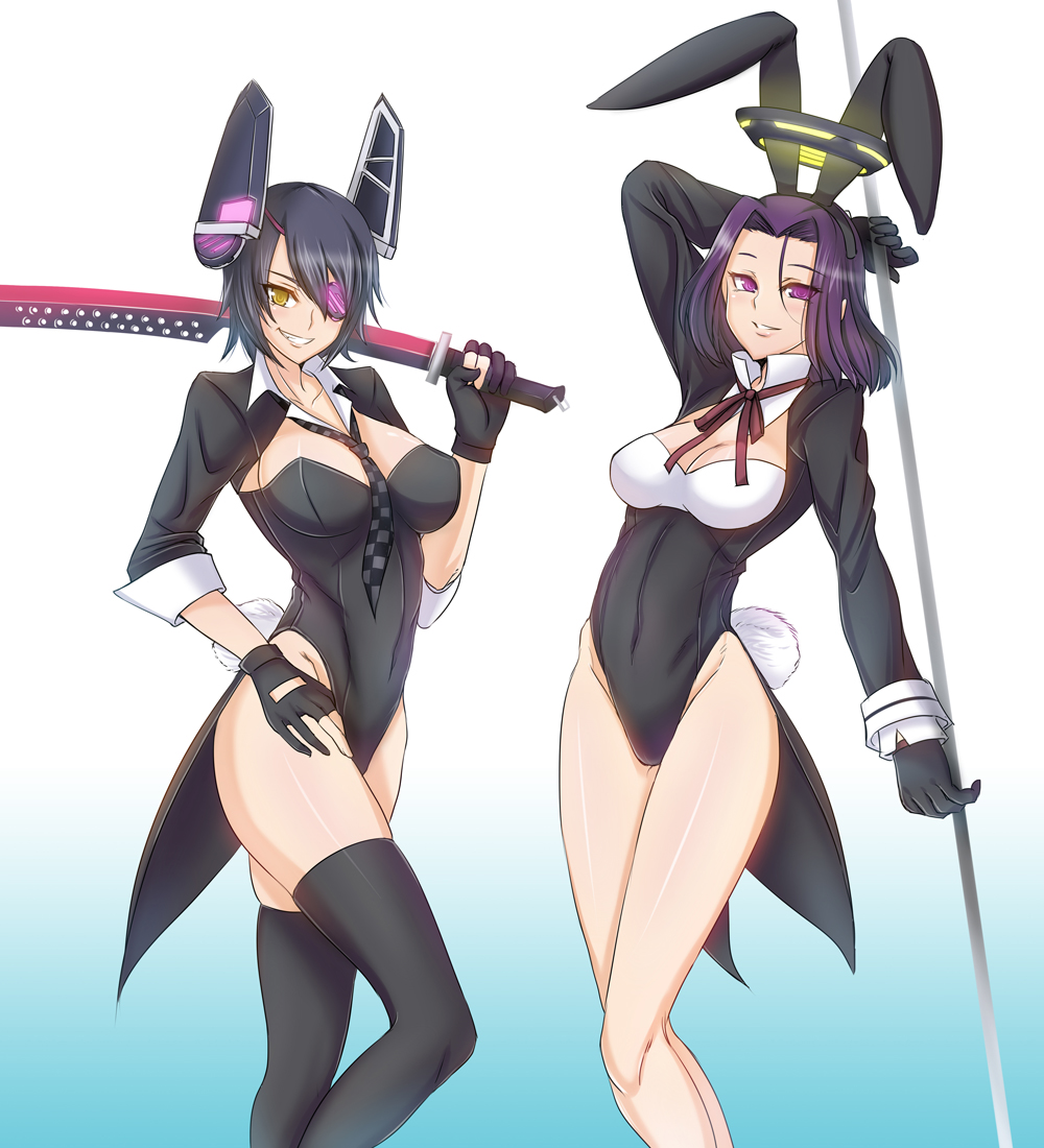 2girls, adapted_costume, animal_ears, black_hair, black_legwear, blush, breasts, bunny_girl, bunny_tail, cleavage, eyepatch, glaive, gloves, headgear, kantai_collection, kashiru, large_breasts, looking_at_viewer, multiple_girls, polearm, purple_hair, rabbit_ears, school_uniform, short_hair, simple_background, smile, spear, sword, tail, tatsuta_(kantai_collection), tenryuu_(kantai_collection), thigh-highs, violet_eyes, weapon, yellow_eyes