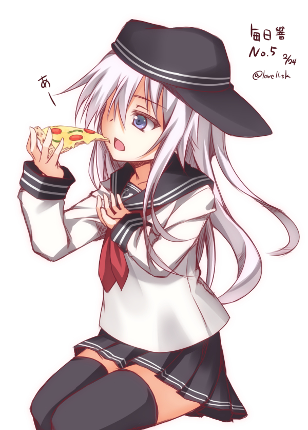 1girl, blue_eyes, food, hibiki_(kantai_collection), kantai_collection, long_hair, lowell_(ouranoss2kanata), pizza