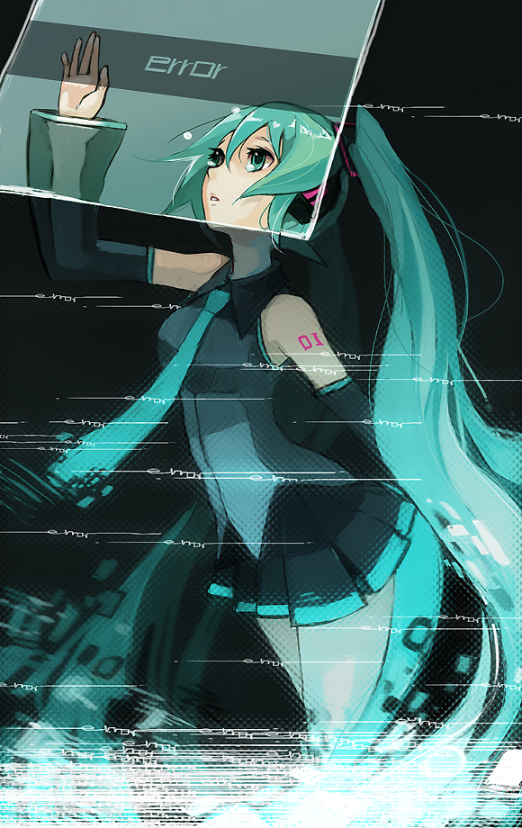 aqua_eyes, aqua_hair, bare_shoulders, detached_sleeves, digital_dissolve, hatsune_miku, long_hair, necktie