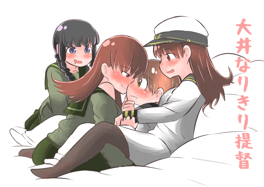 1boy, blush, brown_hair, female_admiral_(kantai_collection), hat, highres, hiromochi_jin, kantai_collection, kitakami_(kantai_collection), long_hair, military, military_uniform, multiple_girls, naval_uniform, ooi_(kantai_collection), school_uniform, serafuku, shota_admiral_(kantai_collection), translation_request, uniform
